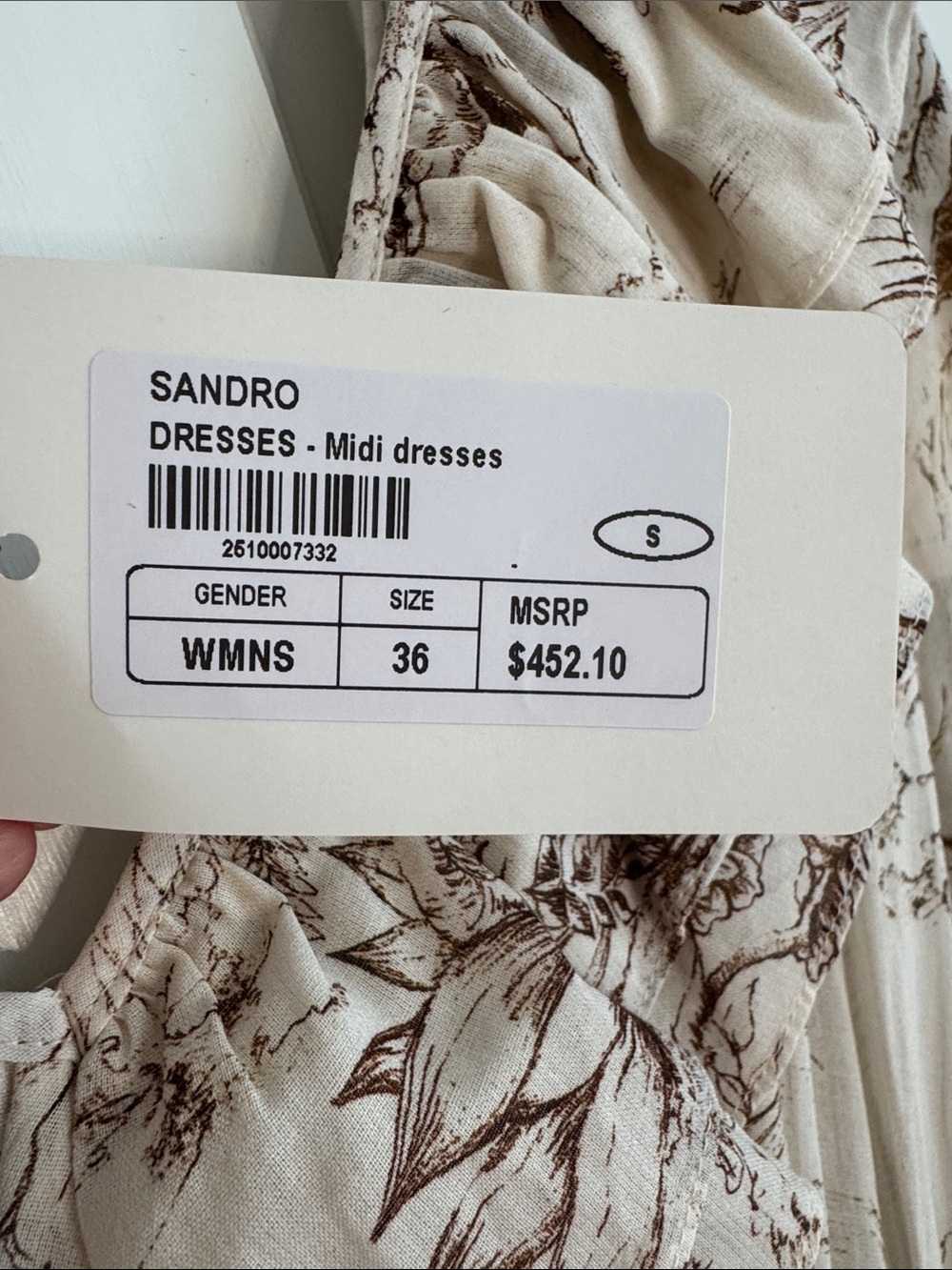 Sandro Paris | Toile Print Ruffle Midi Dress | Ecru Brown | FR 36 US Small |NWT - Picture 4 of 10